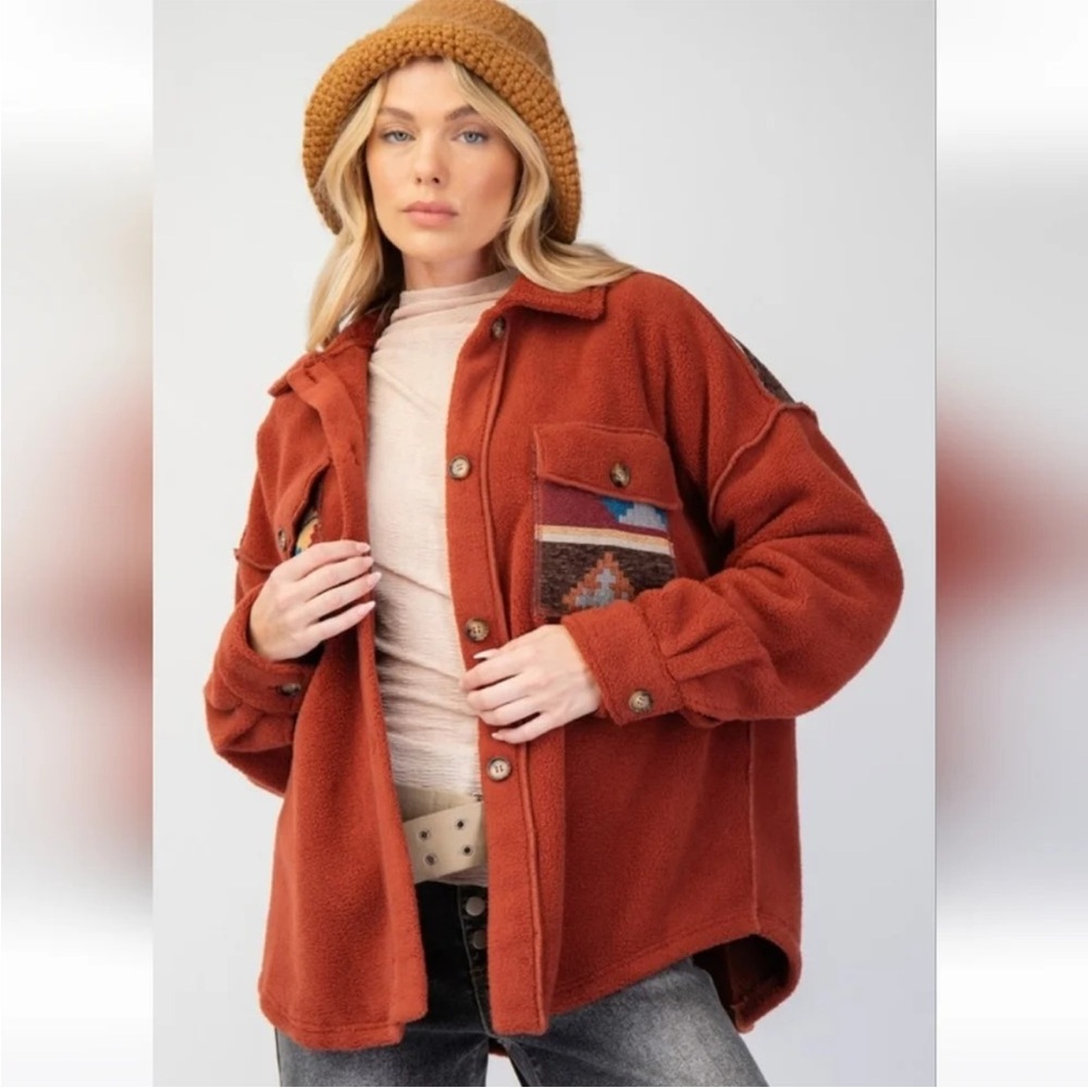 Easel Rust Button Fleece Shacket - Picture 3 of 8